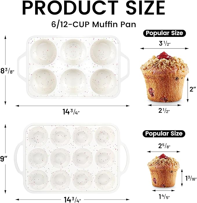 Vinino 2Pack Silicone Muffin Pan for Baking with Metal Reinforced Frame, Regular 12 Cup and Jumbo 6 Cup Nonstick Cupcake Pan Set, BPA Free Silicone Muffin Tray Molds for Oven Dishwasher Safe