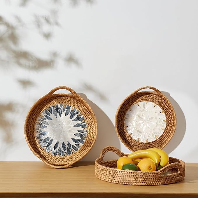 Round Rattan Tray Set (3-Piece) with Mother of Pearl Inlay & Wooden Base | Decorative Wicker Serving Basket | Storage for Coffee, Bread, Fruit | Table, Kitchen Island Decor
