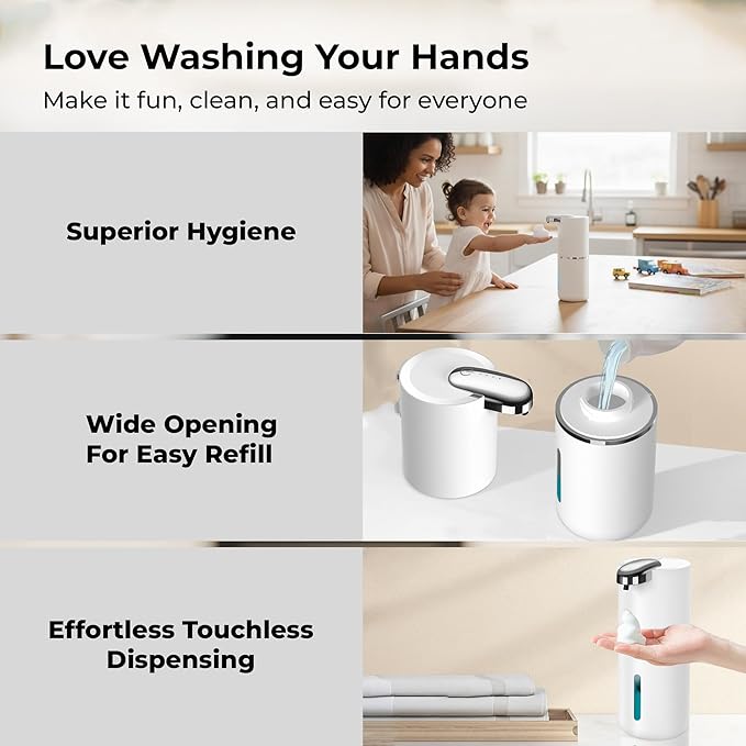 Automatic Touchless Foam Soap Dispenser (White, 12.8oz) | USB-C Rechargeable, Infrared Sensor, IPX5 Waterproof for Bathroom, Sinks, Kitchen | Wall Mount or Countertop for Hand Soap