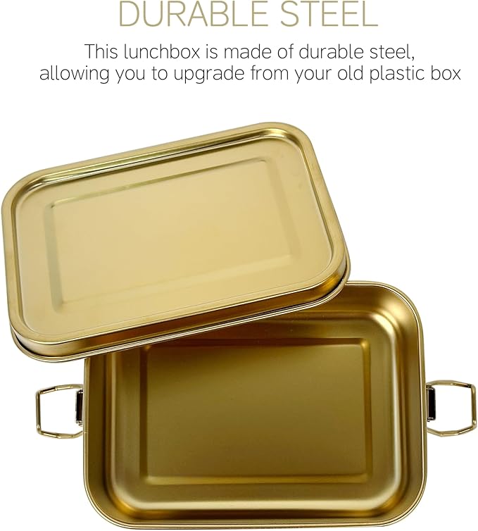 3-Pack 850ml (28.7 oz) Stainless Steel Gold Color Bento Lunch Box Containers with Lids - Waterproof Metal Food Storage - Snack Prep Trays and Tiffin Carriers