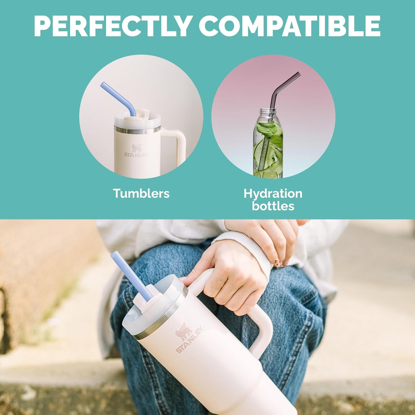 Simply Straws 12 Inch Glass Straws Bent (6-Pack) – Reusable Glass Straws for Stanley 40 Oz Tumbler, with Cleaning Brush – Durable, Dishwasher Safe, Hot & Cold Use, BPA-Free (Fjord Mist)