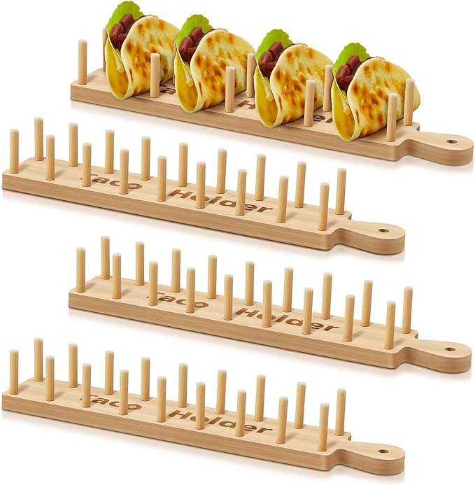 Pinkunn 4 Pcs Bamboo Taco Tray Holder Holds 8 Rack Tray Soft or Hard Shell Tacos Food Serving Stand for Tortillas Burritos Kitchen Accessory Housewarming Gift