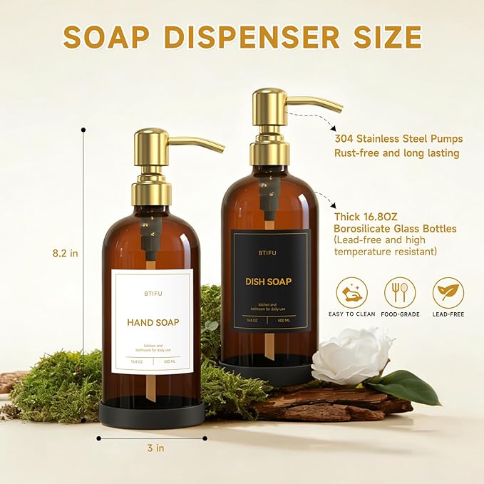 Kitchen Soap Dispenser Set – 16.8oz/500ml Glass Hand and Dish Soap Dispenser with Stainless Steel Pumps & Non-Slip Silicone Base, Luxury Countertop Decor for Home, Airbnb, Office (Amber & Gold)