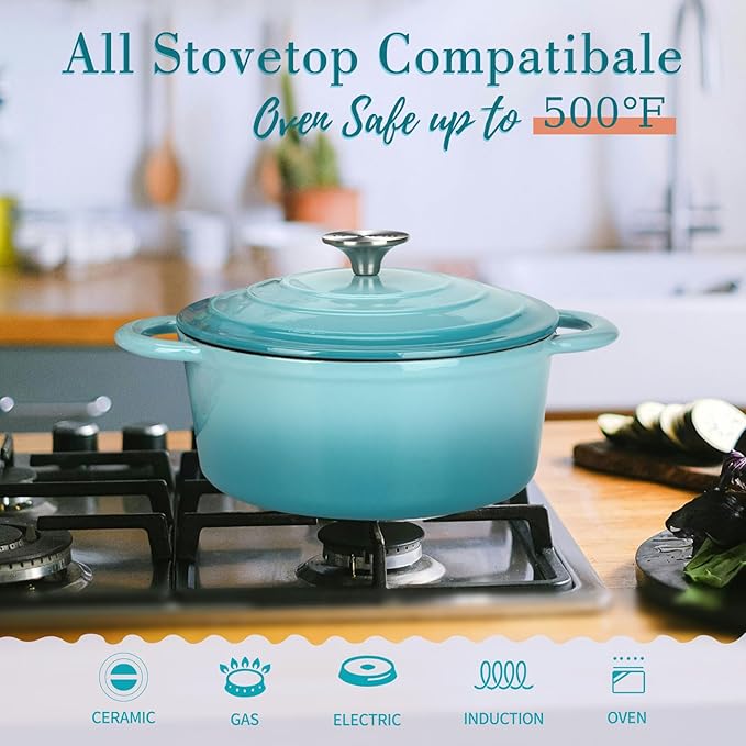 COOKWIN Cast Iron Dutch Oven, 3 QT Round Dutch Oven Pot with Self Basting Lid for Home Baking, Braiser, Cooking, Great Christmas Gifts for Family,Teal