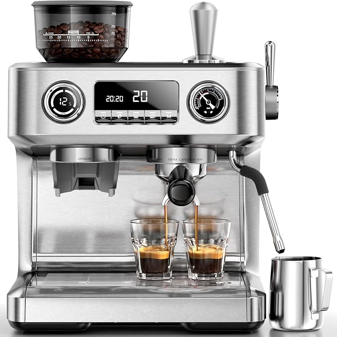Kismile Dual Boiler Espresso Machine with Grinder, 20 Bar Espresso Maker with Milk Steamer & Hot Water, Dual LED Display, Pressure Gauge, Burr Grinder, coffee Machine for Home&Office, Stainless Steel