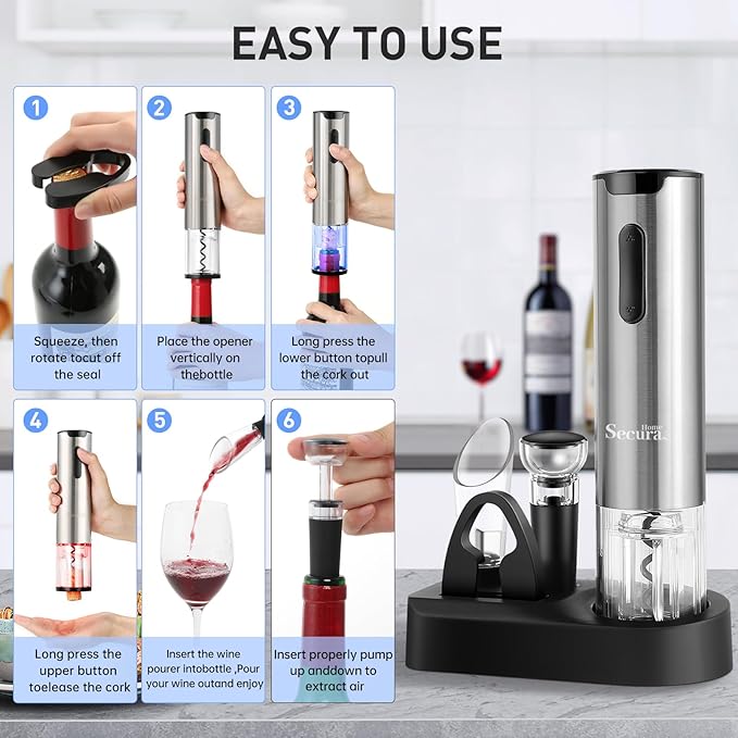 Secura Electric Wine Opener Set, Rechargeable Automatic Home Wine Bottle Opener Reusable Corkscrew with Foil Cutter, Vacuum Stoppers, Aerator Pourer Wine Set for Wine Lovers, Silver