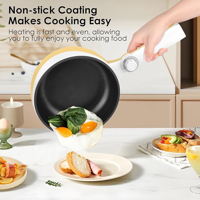 Audecook Hot Pot Electric, 1.7L Mini Electric Skillet Portable Nonstick Sauté Pan with Power Adjustment, Ramen Cooker Travel Multicooker for Steak/Soup/Egg/Oatmeal/Noodles