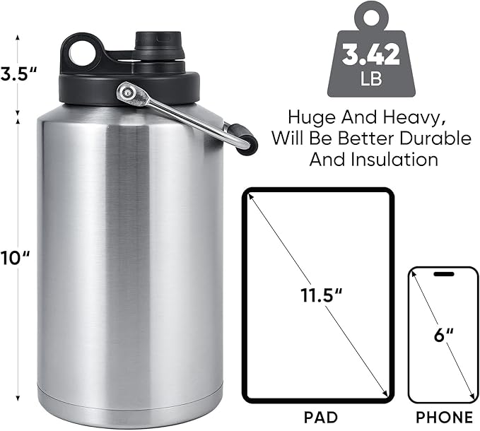 Kerilyn Insulated Gallon Jug with Handle, One Gallon, 128 Ounces, Stainless Steel, Large Double Vacuum Water Bottle for Hot & Cold Drinks, Wide Mouth, Sweat Proof, Great for Travel, Camping