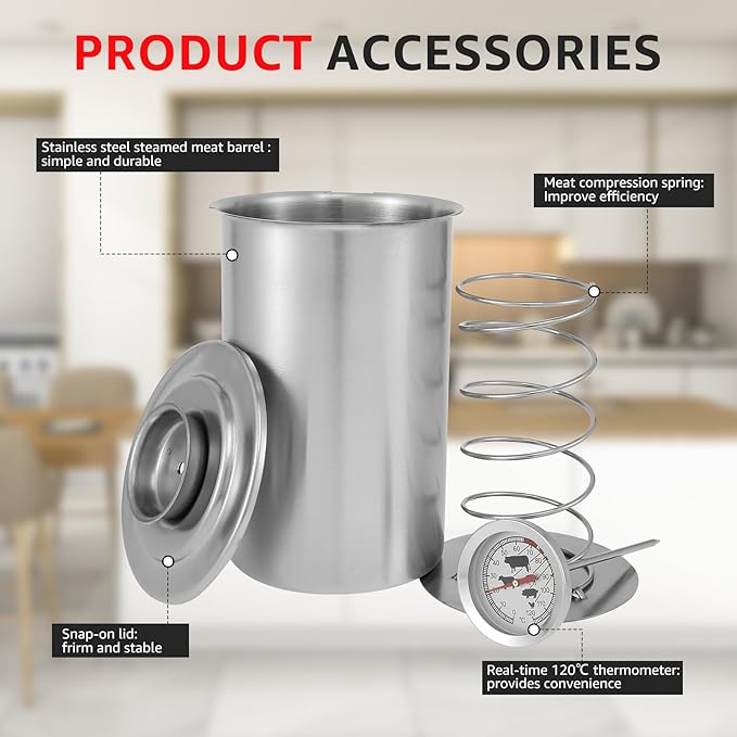 Ham Meat Press Maker with Thermometer, Stainless Steel Ham Press Maker Machine Gourmet Cooking Tools, Round Shape Meat Press Maker Machine, Kitchen Bacon Meat Pressure Cookers Boiler Pot