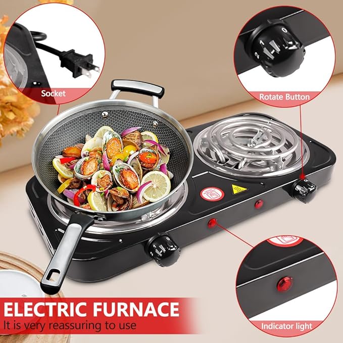 Electric Countertop Burner, Double Burner, 2000W Induction Cooktop, Portable Electric Hot Plate, 5 Level Adjustable Temperature Control Cooking Ranges for Home Dorm Camping Cooking