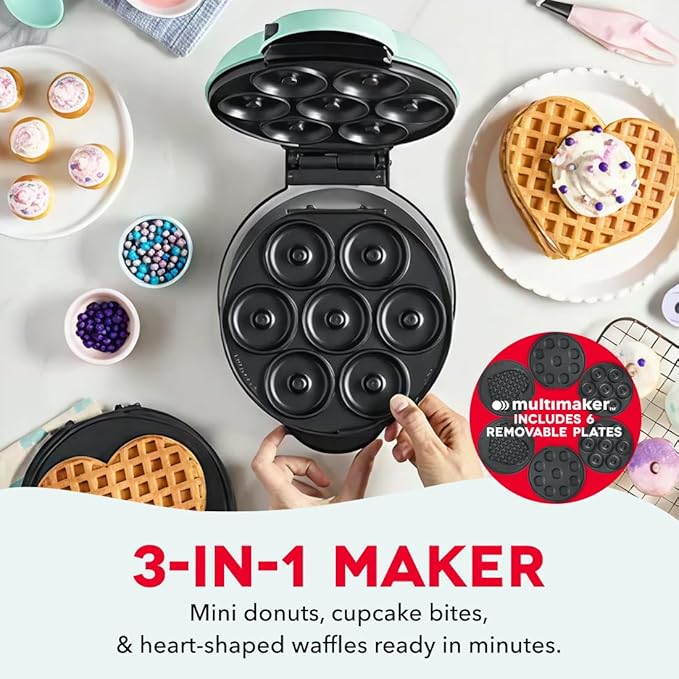 Dash MultiMaker® Treat Maker System - Make Mini Donuts, Cupcakes & Heart-Shaped Waffles - Interchangeable Plate Design - dishwasher safe Parts for Easy Cleanup - Aqua