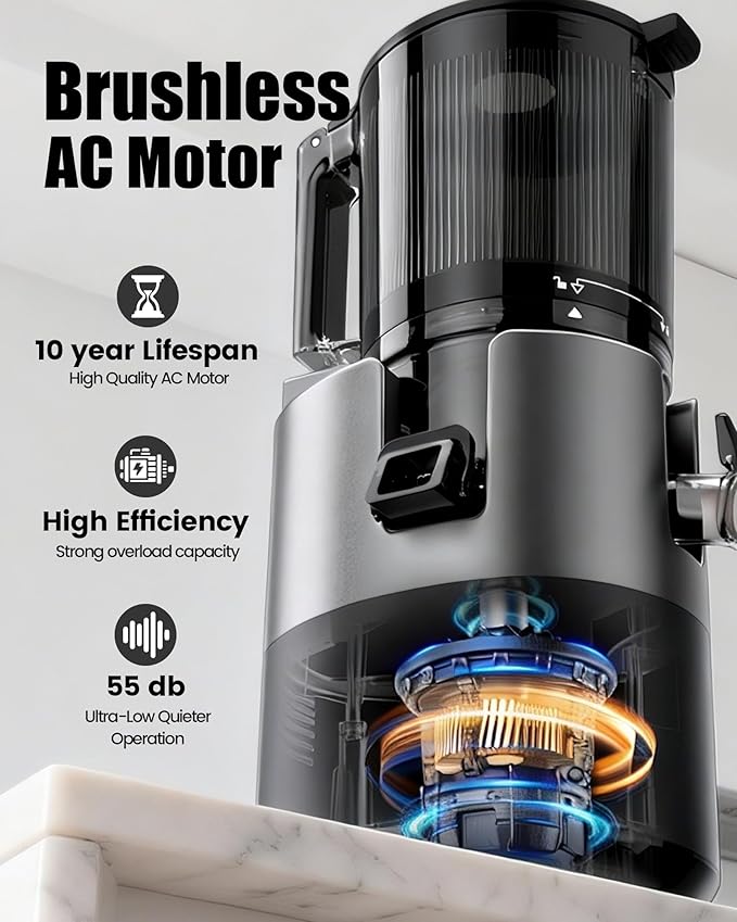 Juicer Machines, Cold Press Juicer with 6" Extra Wide Chute, 90oz Capacity, Powerful AC Brushless Motor, High Juice Yield, Quiet Low db, BPA-Free Juicer Press For Whole Vegetables & Fruits