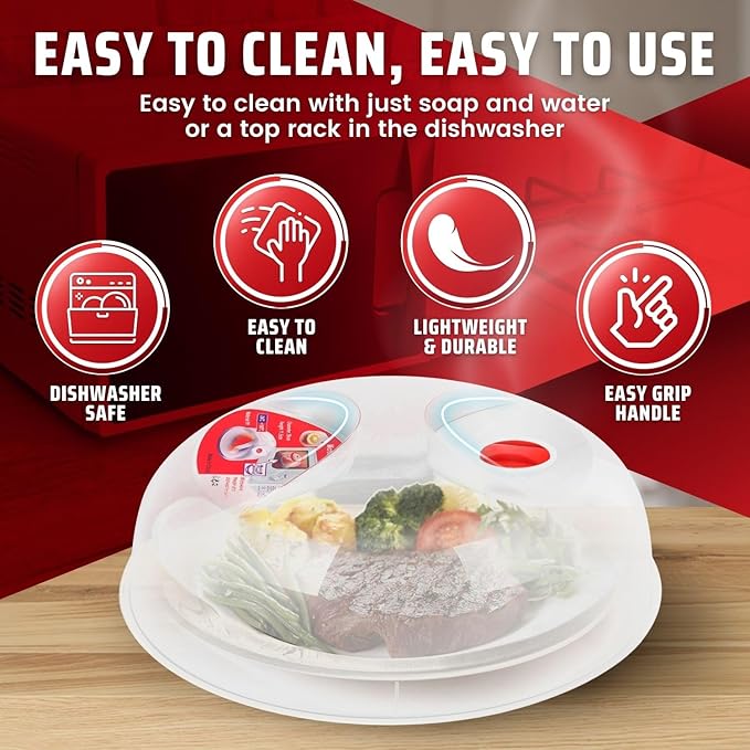 Flexzion 11.5 Inch Microwave Splatter Cover - BPA-Free Anti-Splatter Microwave Cover with Adjustable Steam Vent, Dishwasher Safe, Transparent Plastic Food Covers for Microwave Cooking