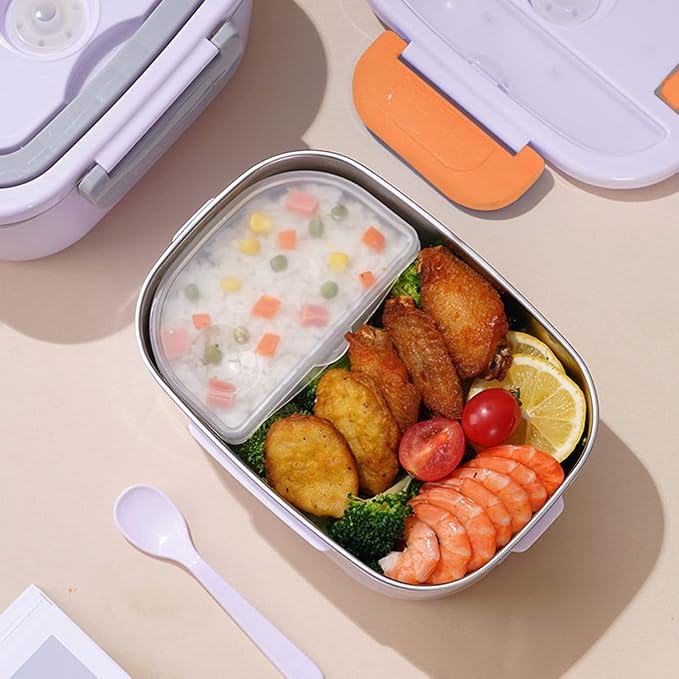 Electric Lunch Box 2 In 1 Food Heater 12V 24V 110V Portable Food Warmer for Car and Home Removable Stainless Steel Heated Bento Box (Orange)