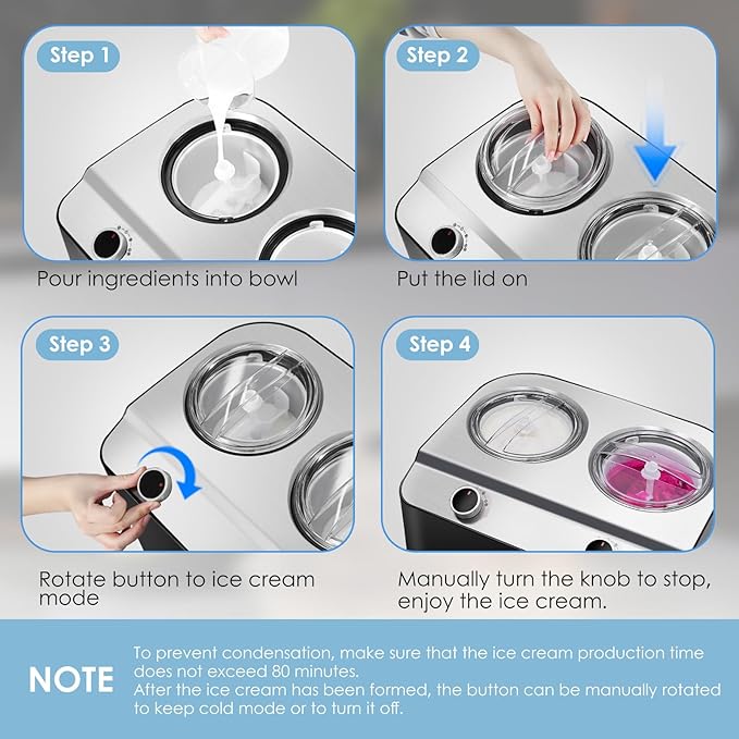 Homtone 2 Flavor Ice Cream Maker,Automatic Compressor Ice Cream Maker Machine with 2 Bowls,2.6QT (2 x 1.3qt) Largest Capacity & Fastest Freezing Ice Cream Machine, 3 Modes, Keep Cool Function