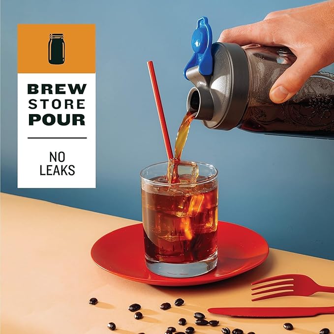 County Line Kitchen Glass Cold Brew Coffee Maker with Lid - Wide Mouth, 2 Quart (64 oz) - Heavy Duty, Leak Proof - Sun & Iced Tea Pitcher, Cold Brew Coffee, Breast Milk Storage, Water - Black