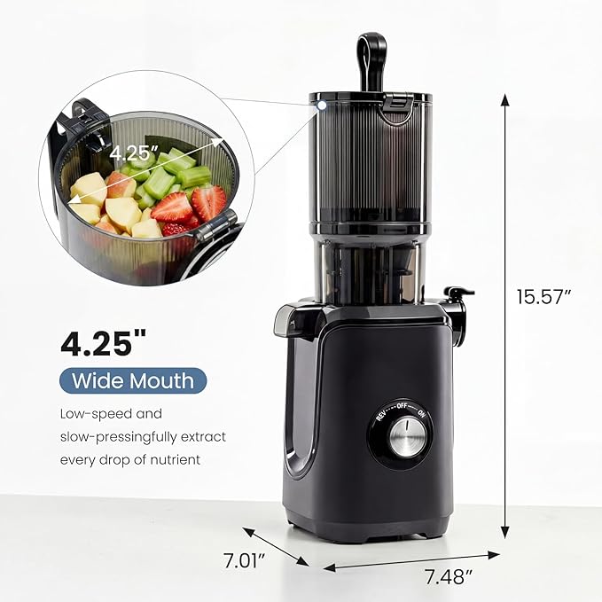 DUMOS Masticating Juicer Machines, Cold Press Juicer with 4.25" Wide Feed Chute, High Juice Yield for Whole Vegetables & Fruits, Easy to Clean, Black