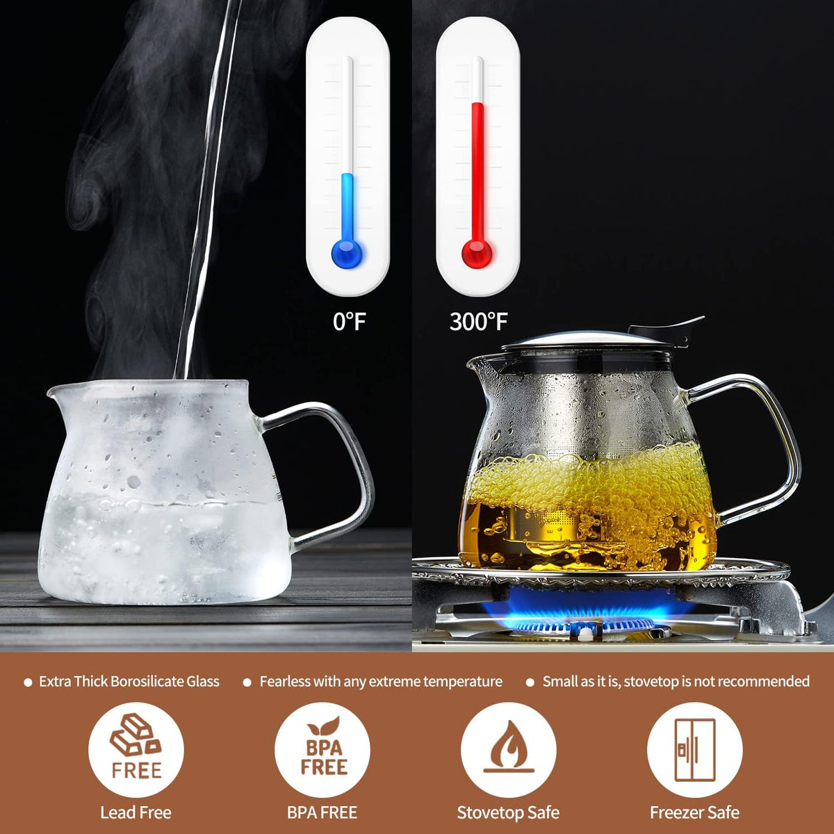 Glass Teapot Tea Pot with Removable Stainless Steel Infuser, 25oz / 760ml Borosilicate Glass Tea Kettle for Office Work, Fine Strainer for Loose Leaf Tea