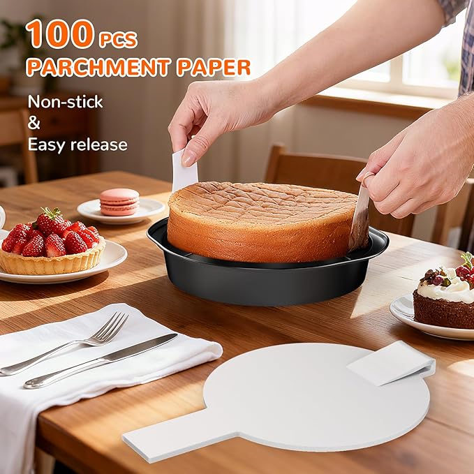 6 Inch Round Cake Pan with Handle, 3PCS Nonstick Cake Pans with 100 PCS Parchment Paper