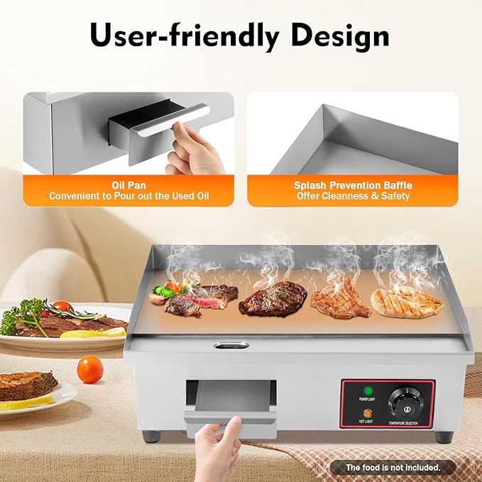 110V 3000W 22" Commercial Electric Countertop Griddle, Flat Top Grill Hot Plate BBQ Adjustable Thermostatic Control Electric Griddles Grill Stainless Steel Restaurant Grill for Kitchen