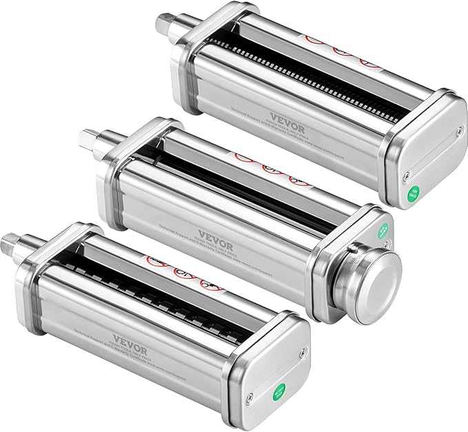 VEVOR Pasta Attachment for KitchenAid Stand Mixer, Stainless Steel Pasta Maker Attachment Includes Pasta Sheet Roller, Spaghetti Cutter, Fettuccine Cutter, 8 Adjustable Thickness Knob Pasta Maker 3Pcs