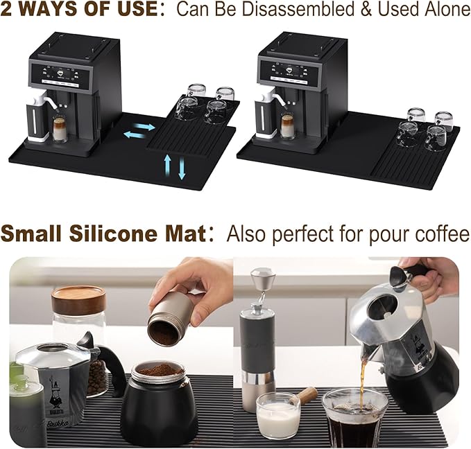 3-Pack Silicone Coffee Mat Set, 24" x 16" Coffee Bar Mat for Countertop with Separable Small Drying Mat and Espresso Tamping Mat, Fit Under Coffee Maker Espresso Machine, Black