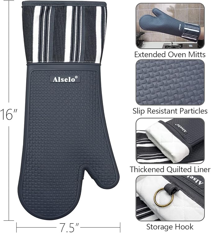 Alselo Silicone Oven Mitts Heat Resistant 550 Degree Extra Long Kitchen Gloves Pot Holders with Waterproof and Non-Silp for Baking Cooking Barbecue Microwave Machine Washable (Extra Long Grey, 2)