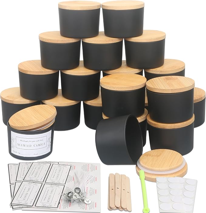 MILIVIXAY 20 Pack 4 OZ Matte Black Glass Candle Jars with Lids and Candle Making Kits - Bulk Wide Mouth Small Empty Candle Jars for Making Candles - Spice, Powder Containers.