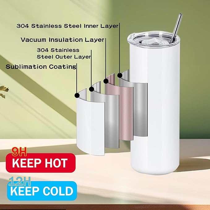 50 Pack 20oz Sublimation Tumblers Bulk With Flat Edge, 20OZ Flat Sublimation Tumbler Blank, Skinny Straight Stainless Steel Blanks Cups with Individual Box (50, 20OZ FLAT EDGE)
