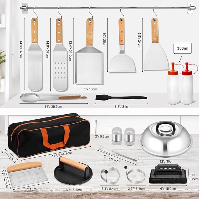 Griddle Accessories Set of 25, Leonyo Flat Top Grill Accessories, Professional BBQ Tool with Enlarged Spatulas Scraper, Basting Cover, Smash Burger Press, Carry Bag for Outdoor Barbecue, Wood Handle