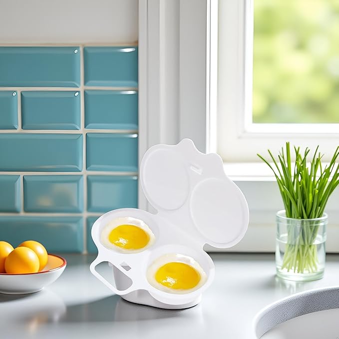 1Pc White Egg Poacher, Microwave Egg Boiler Poacher, 2 Cavity Nonstick Poached Egg Maker With Lid, Egg Poacher Microwave Egg Cooker, Double Drain Poached Egg Cups Cookware（13 * 5cm）