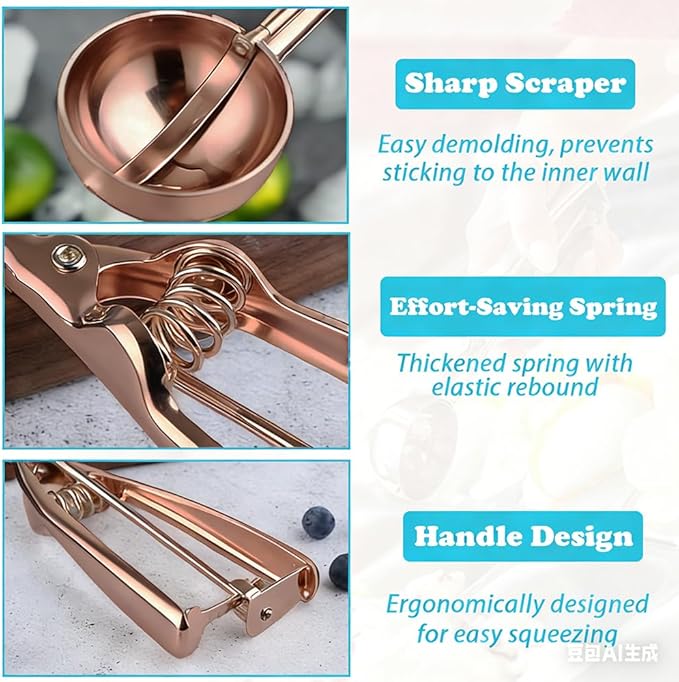 Stainless Steel Ice Cream Scoop Polished Melon Baller Scoop Metal Ice Cream Scoop with Trigger Cookie Scoop for Baking 3 sizes Fruit Spoons Kitchen (Rose Gold, S)