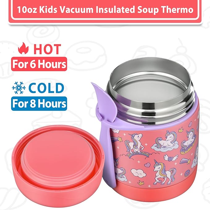 10oz Soup Thermo for Hot Food Kids,Lunch Thermo Kids Food Jar with Spoon Hot Insulated Food Containers,Leak Proof Stainless Steel Wide Mouth Lunch Thermo Jar for School(Pink-Unique Horse)
