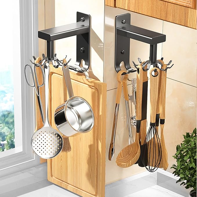 Kitchen Utensils Holder Practical Rotary Tool Hook Holder Wall Mounted Cooking Utensil Rack 10 Rotatable 2 Heavy Duty Hooks Self Adhesive (Black)