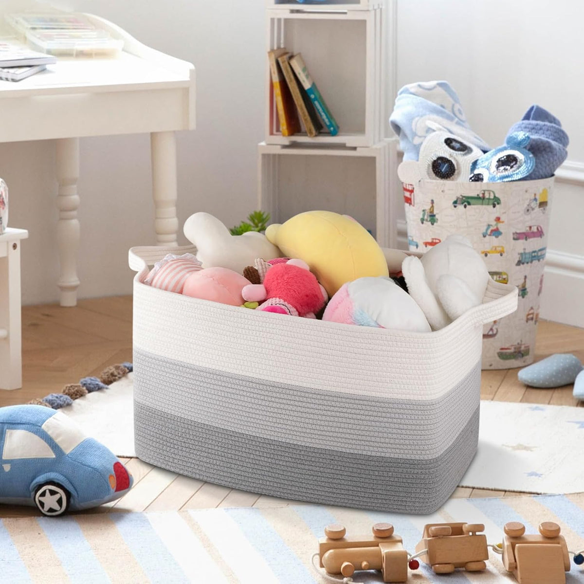 OIAHOMY Rectangle Woven Storage Basket - Nursery Cotton Rope Baskets for Storage, Toy Basket Organizing for Living Room, 17.7"x13.8"x11"- Pack of 3 - Gradient Gray