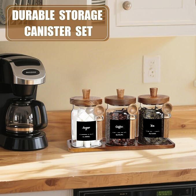 Suclain 3 Pcs Glass Coffee Container with Wooden Lid Spoon Shelf Labels Clear Airtight Jar Food Storage Canister Set for Sugar Spice Coffee Bean Holder Housewarming Gift(20 oz,Acacia Brown)