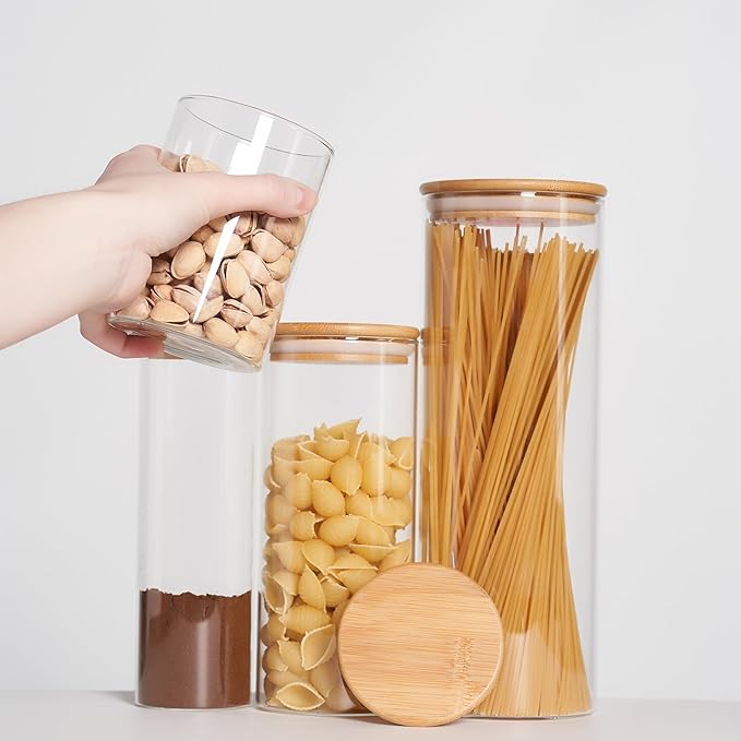 SHOWIN 73oz Glass Pasta Storage Jars, Tall Glass Jars with Bamboo Lids, Spaghetti Container, Set of 3, Kitchen Storage Containers for Pasta, Pantry Organizers
