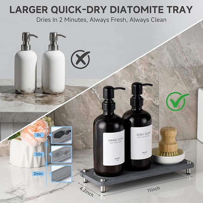 2 Pack Kitchen Soap Dispenser Set - 16oz Black Glass Dish and Hand Soap Dispenser with Stainless Steel Pump, Instant Dry Tray, Dish Brush & Holder, Refillable Countertop Sink Decor for Kitchen & Bath
