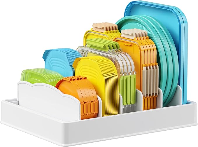 Lifewit Kitchen Cabinet Organizer for Food Contanier Lid, Lid Holder with 6 Adjustable Dividers & 7 Sections for Pantry Organizers and Storage, Home Drawer Organization, Large, 13" x 10"