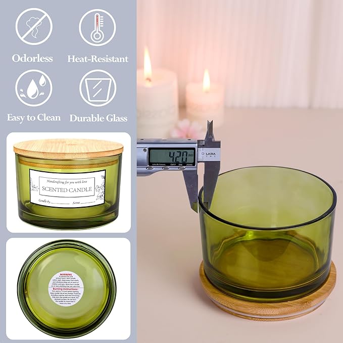 CONNOO 24oz Olive Green Candle Jars 6 Pack, Multi-Wick Wide Mouth Empty Glass Containers for Making Candles with Airtight Bamboo Lids, Sticky Warning Labels, Wick Kit - Dishwasher Safe