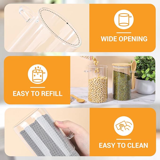 Glass Jars with Bamboo Lids and Spoon - 6 Pack 23 Fl.oz Glass Canisters Set with Airtight Lids, Labels and Marker, Loose Leaf Tea Jar Clear Pantry Storage Containers for Bean, Oats, Cereal