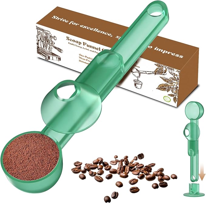 Coffee Scoop with Funnel for Ground Coffee, Protein Powder & Tea, for Reusable K Cup Refiller, 2TBSP Mess-Free, Funnel Design Prevents Spills (Translucent Green, 1-Pack)