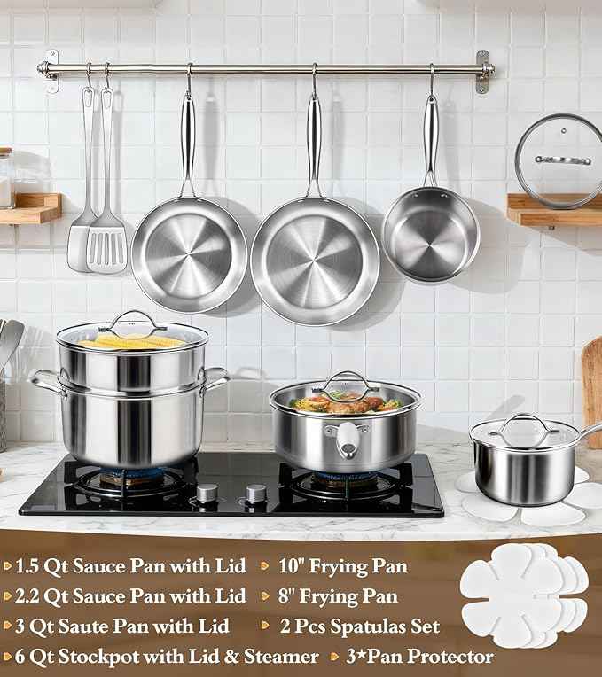 16-Piece Pots and Pans Set, Tri-Ply Stainless Steel Cookware Set with Lids, Non-toxic Kitchen Cooking Set, Dishwasher-Friendly, Induction-Ready, Even Heating, Heavy Duty, Compatible with All Cooktops