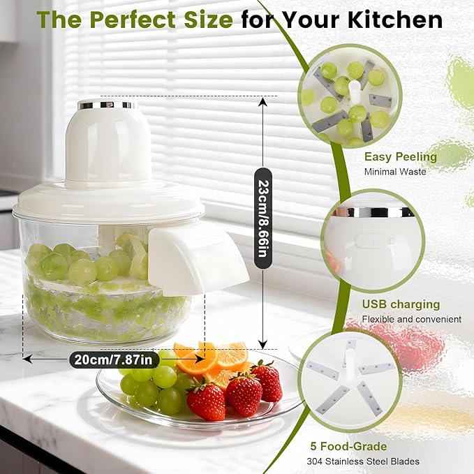 Automatic Grape Peeler Machine, Electric Garlic Peeler & Cherry Tomato Skin Remover Tool for Small Fruits, Efficient Peeling Kitchen Gadget for Home Use (White)