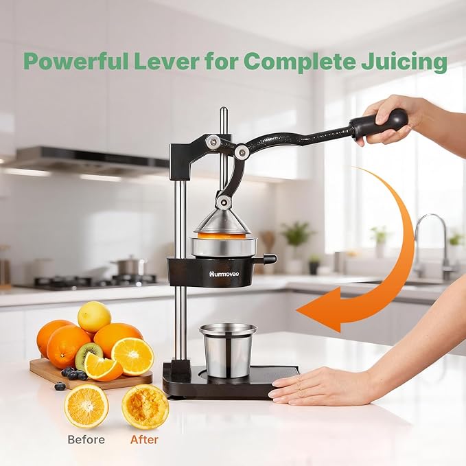 Cast Iron Juicer, 17"Tall & Sturdy Flat Base | Heavy-Duty Manual Hand Press Juicer For Orange Lemon Lime Pomegranate & Citrus, Orange Squeezer, Stainless Steel Cup, Easy to Clean, Black
