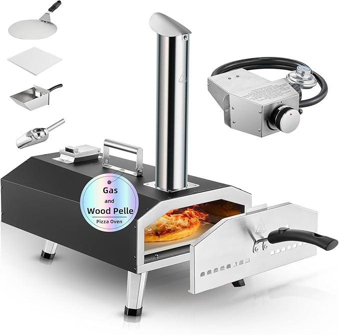 Outdoor Pizza Oven, 12inch Portable Wood Pellet and Gas Pizza Oven, Heats up to 1000°F, with Gas Hose & Pizza Stone, Tabletop Stainless Steel Pizza Oven for Backyard, Camping, Picnics, Black
