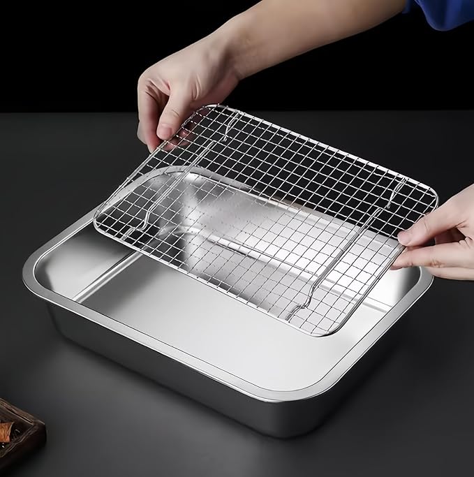 Stainless Steel Sturdy Roasting Pan with Cooling Rack – Oven, Toaster & Grill Safe, Deep Edge, Smooth Finish, Dishwasher Safe – Perfect for Turkey, Chicken, BBQ (12.4x8.5x2.8in)