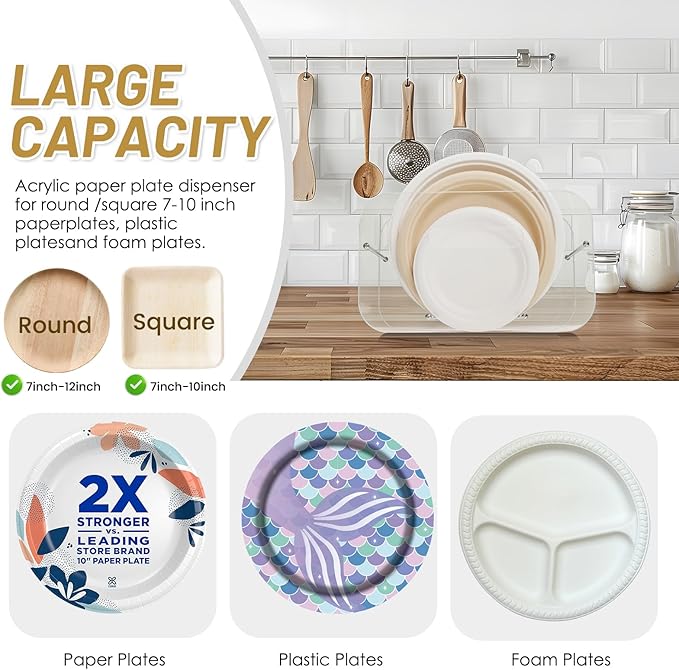 Paper Plate Dispenser, 7-12 Inch Disposable Plates Storage Organizer, Round Square Plastic Foam Paper Plate Acrylic Organizer for Cabinet, Countertop, RV or Outdoor Use (2)