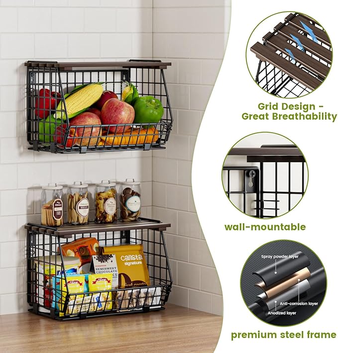 Wire Fruit Basket for Kitchen Storage: Hanging and Counter Wall Fruit Basket for Vegetable Produce - Potato and Onion Storage for Pantry 3 Pack