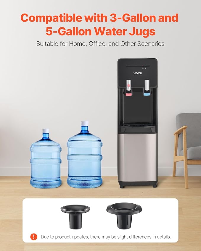 VEVOR Top Loading Water Cooler Dispenser, Hot and Cold Water Dispenser for 3 or 5 Gallons Bottles, Sturdy Stainless Steel and Child Security Lock, Ideal for Homes, Kitchens, Offices, Dorms, Black